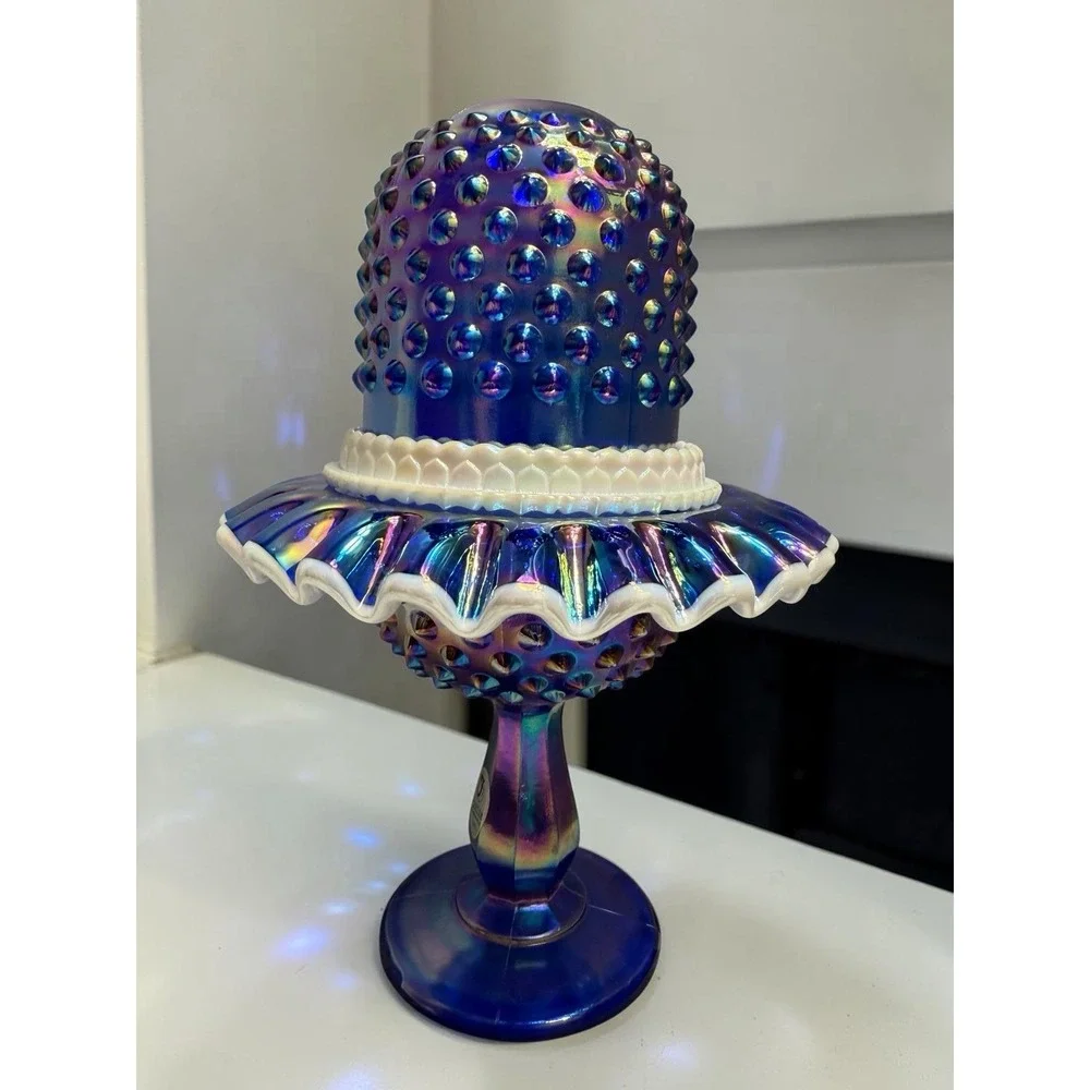 Fenton Blue Carnival Glass Hobnail Snow Crest 3 Piece Pedestal Fairy Lamp-9
